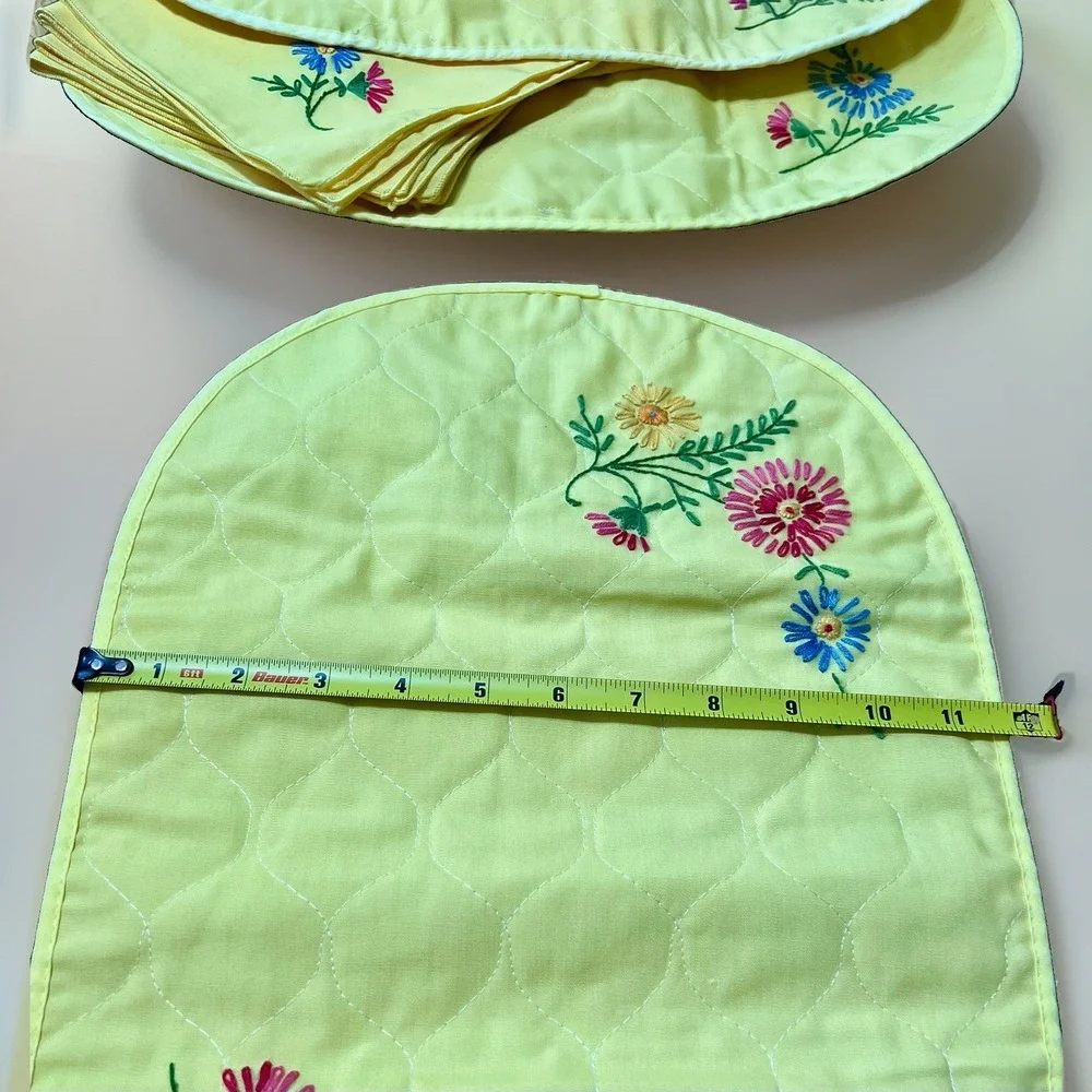 Vintage 70s MCM Yellow Embroidered Floral Cotton Placemat/Napkin Set For 4